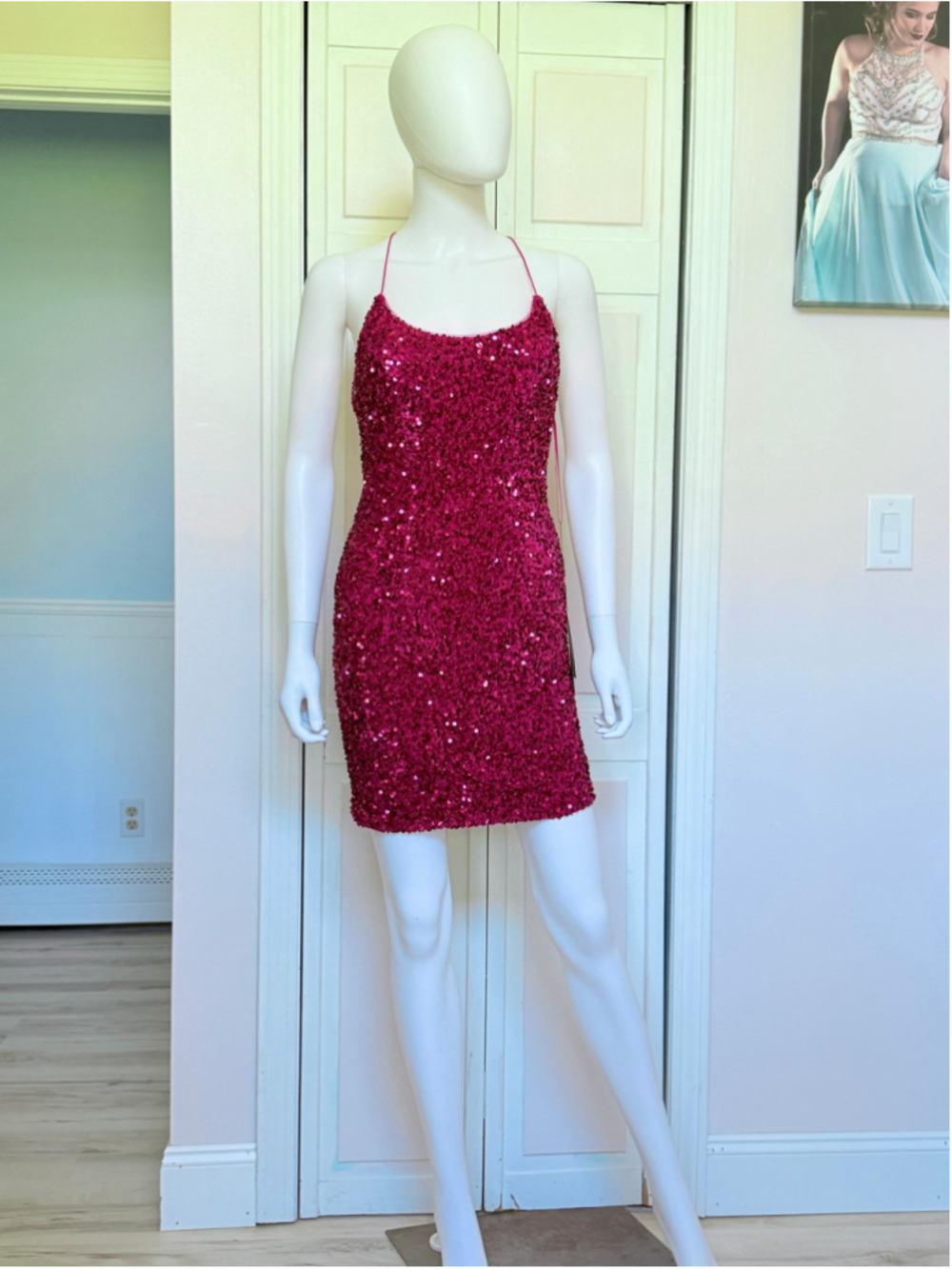 Size 2 Magenta Velvet Sequin Bodycon Mini Dress Party Homecoming Hoco Vegas